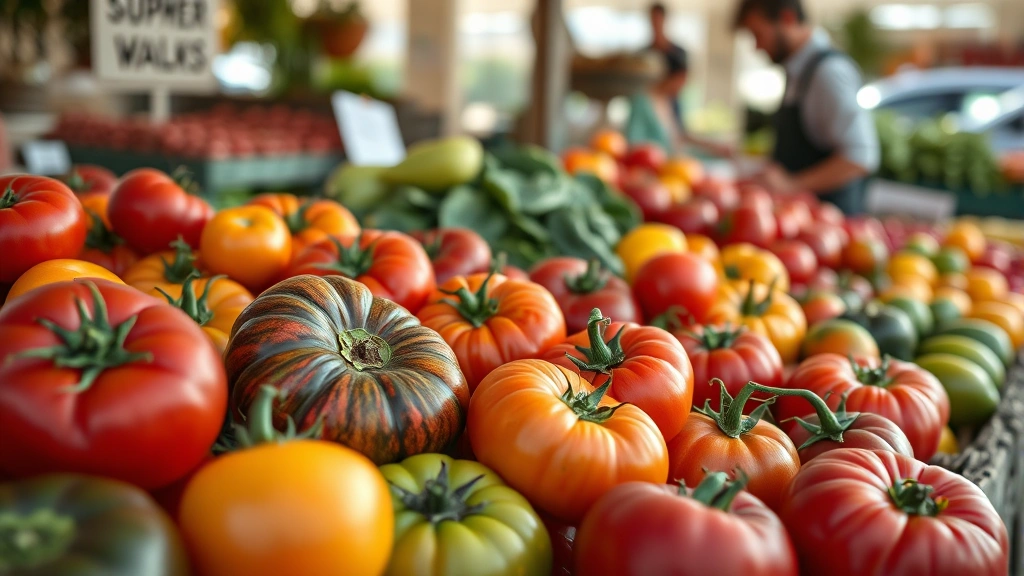 Close-up of colorful heirloom tomatoes arranged at farmers market stand with vendor in soft morning light, photorealistic produce photography