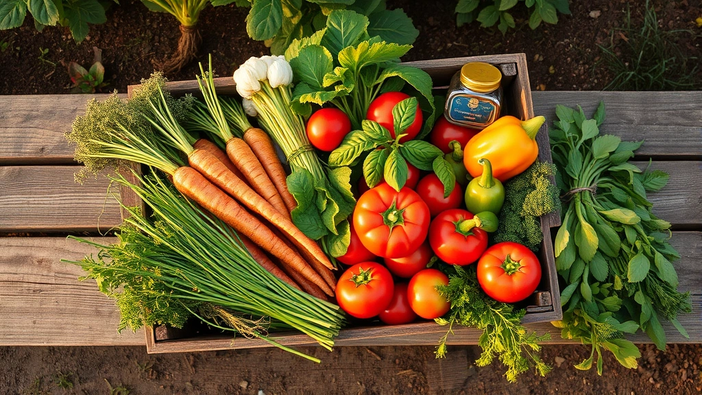Overhead view of freshly harvested vegetables in wooden crate including carrots, tomatoes, peppers, and herbs on rustic garden bench at golden hour