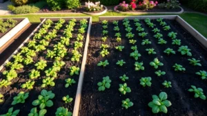 Overhead view of organized raised garden beds with neat rows of young vegetable seedlings, morning sunlight casting shadows, rich dark soil visible, suburban backyard setting with flowering perennials in background