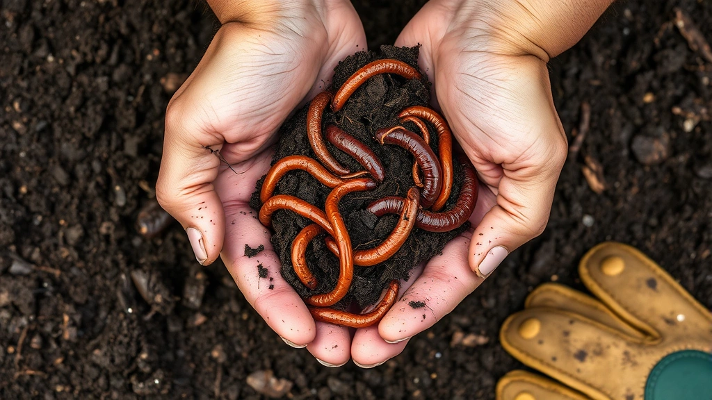 Close-up of hands holding rich dark garden soil with compost, earthworms visible, healthy root systems, morning dew on soil particles, gardening gloves visible at edge of frame