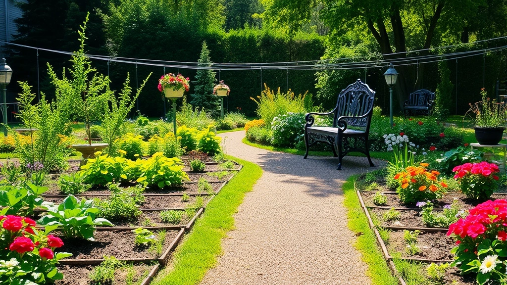 Garden pathway with decorative bench overlooking mature vegetable garden beds, colorful flowering plants creating borders, water irrigation system visible, peaceful garden atmosphere with dappled sunlight