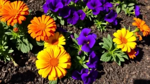 Close-up of vibrant orange and yellow marigolds and purple petunias blooming in a sunny Southern California garden bed with rich dark mulch, morning sunlight casting shadows