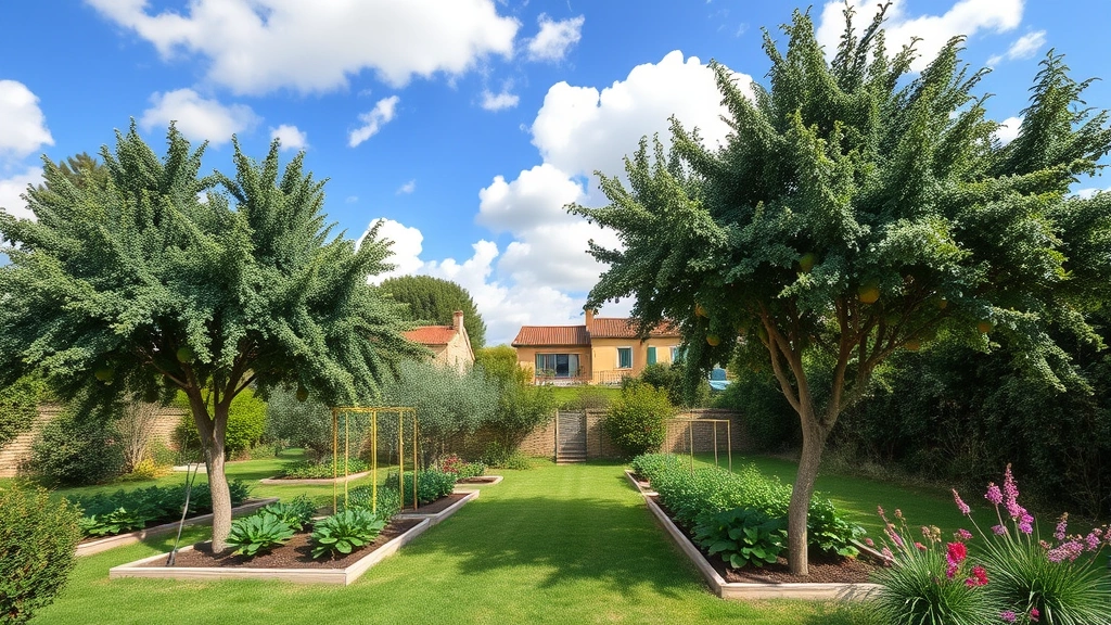 Wide view of a residential garden with mature fruit trees, vegetable raised beds, and flowering shrubs under blue sky with white clouds, Mediterranean landscape setting