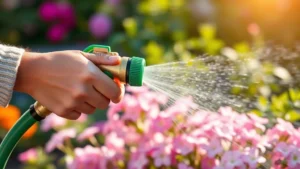 Close-up of gardener's hands holding a trigger-style spray nozzle attached to green garden hose, with water misting over flowering phlox plants in morning sunlight