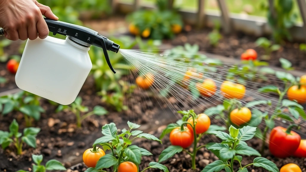 Wide shot of someone using a handheld pressure sprayer to water vegetable garden beds, showing proper 45-degree angle technique with water penetrating soil around tomato and pepper plants