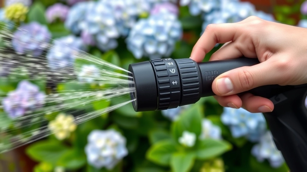 Detail view of garden gun nozzle settings dial showing different spray patterns from mist to stream, with hands adjusting the control over a backdrop of hydrangea bushes