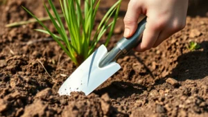 Close-up of gardener's hands holding quality stainless steel trowel and hand fork in rich brown garden soil with green plant shoots, natural sunlight