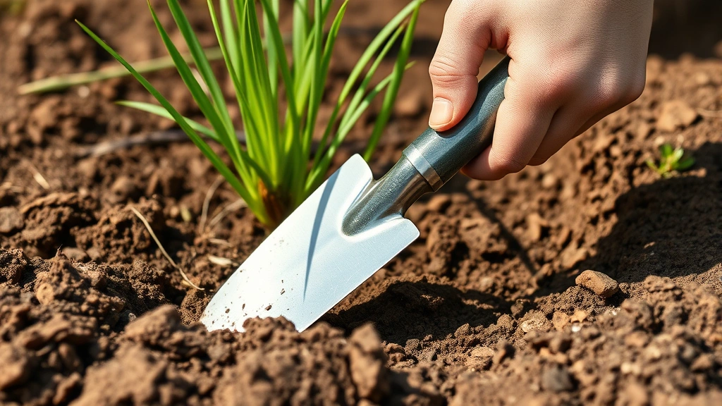 Close-up of gardener's hands holding quality stainless steel trowel and hand fork in rich brown garden soil with green plant shoots, natural sunlight