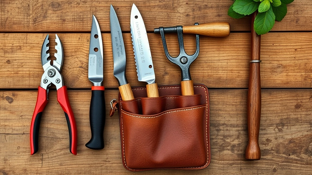 Overhead view of essential garden tools organized on wooden workbench: bypass pruners, soil knife, hoe, and spade arranged neatly with leather tool bag