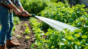 Professional gardener watering vegetable garden with 100-foot hose, water stream visible against green plants and soil, bright daylight