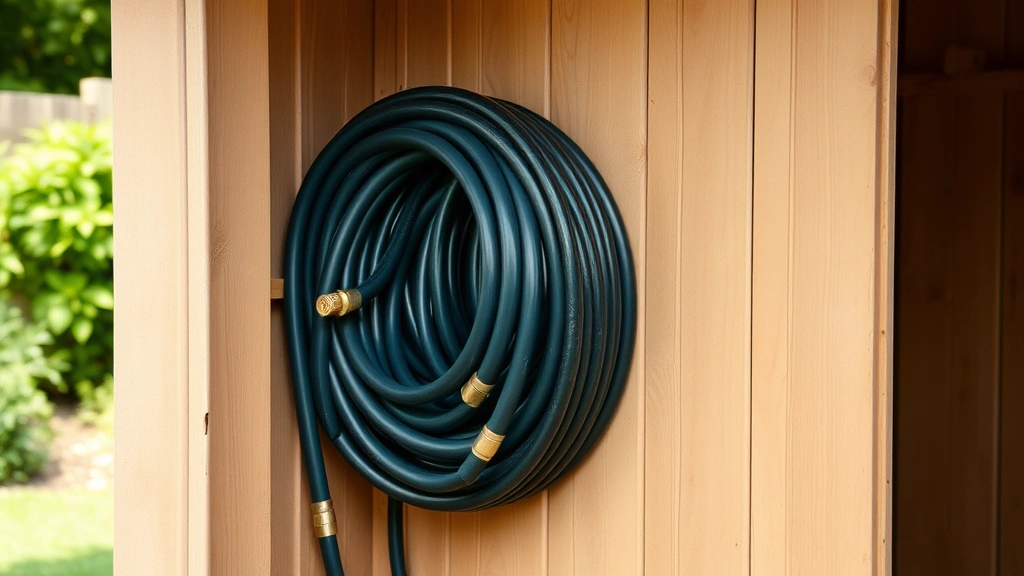 Coiled garden hose stored on wall-mounted reel in garden shed, organized neatly with brass fittings visible, natural lighting