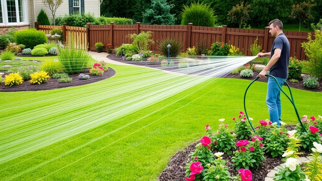 Person extending full-length garden hose across large residential garden with mixed plantings, hose stretched across lawn and flower beds, showing reach and coverage