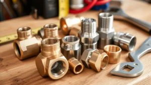 Close-up of various brass and stainless steel garden hose adapters arranged on wooden workbench with measuring tape and wrench, showing male and female connectors clearly