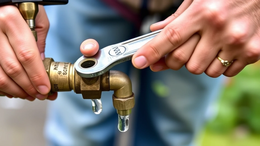 Gardener's hands installing a tee adapter on outdoor faucet with wrench, water droplet visible, demonstrating proper threaded connection technique