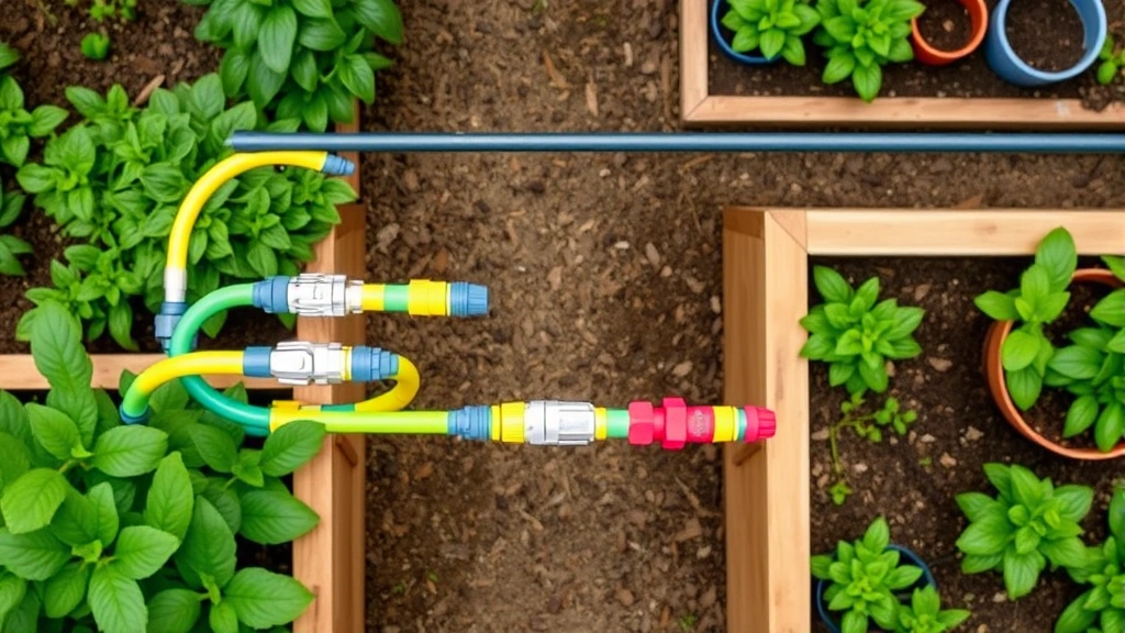 Overhead view of multi-zone garden watering system with adapters connecting different colored hoses to raised beds and container plants in backyard garden setting
