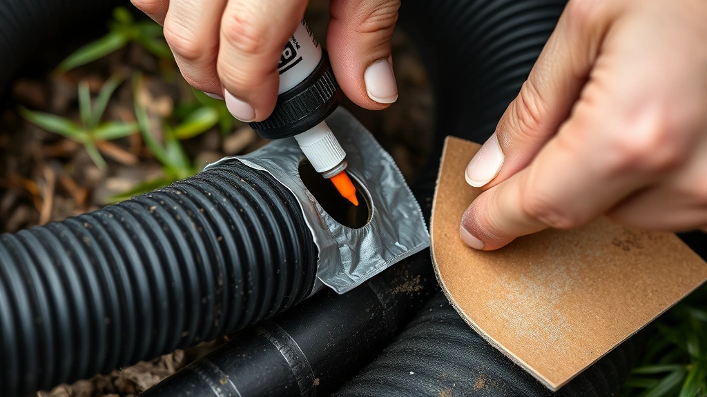 Close-up of person applying waterproof patch to small hole in black garden hose with adhesive and sandpaper nearby