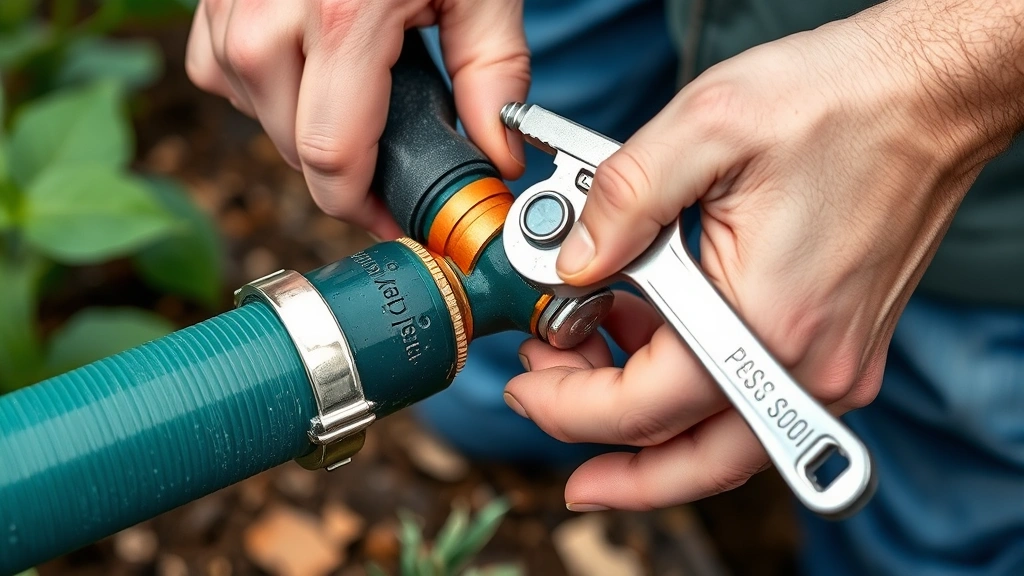 Hands installing hose splice connector into cut garden hose ends with stainless steel hose clamps and wrench visible
