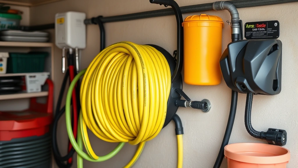 Coiled garden hose stored on wall-mounted reel in organized garage with proper drainage setup and protective covering