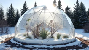 Transparent geodesic dome garden igloo structure installed on level ground with snow-covered plants visible inside, surrounded by winter landscape with evergreen trees in background, morning sunlight creating dramatic shadows through the panels
