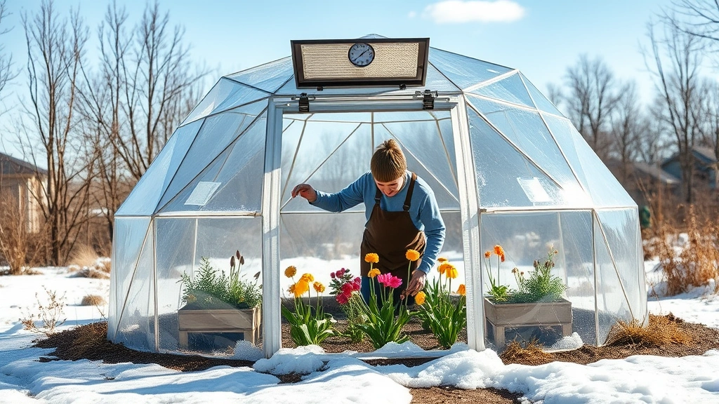 Gardener opening the roof vent of a transparent garden igloo on a sunny day with temperature gauge visible, showing proper ventilation technique with spring flowers blooming inside and melting snow on surrounding ground