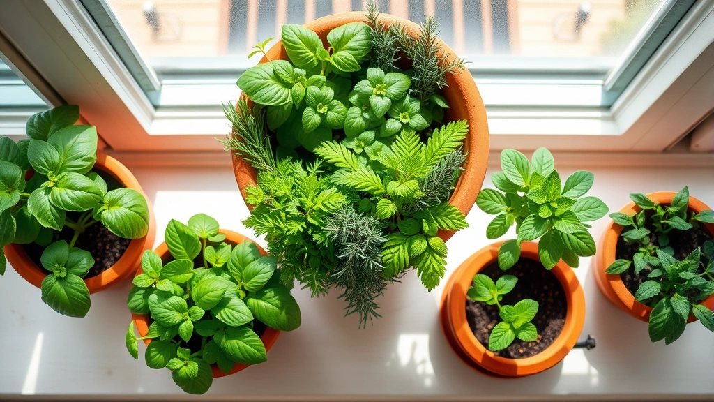 Overhead view of various fresh herbs growing in terracotta and ceramic containers on a sunny windowsill, including basil, rosemary, thyme, and mint plants with vibrant green foliage