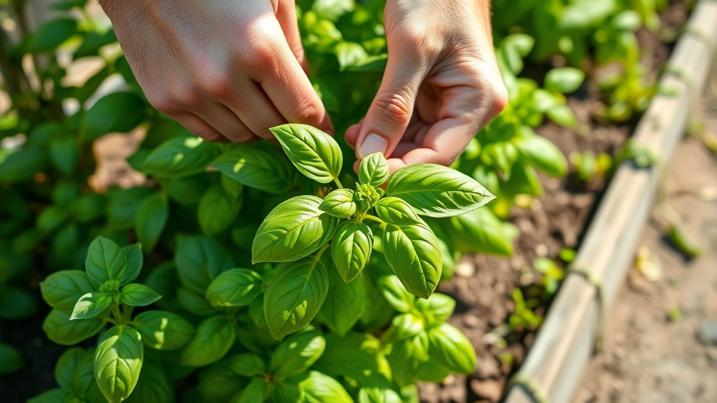 Close-up of hands harvesting fresh basil leaves from a lush herb plant in a raised garden bed on a sunny morning, showing proper pinching technique above leaf nodes