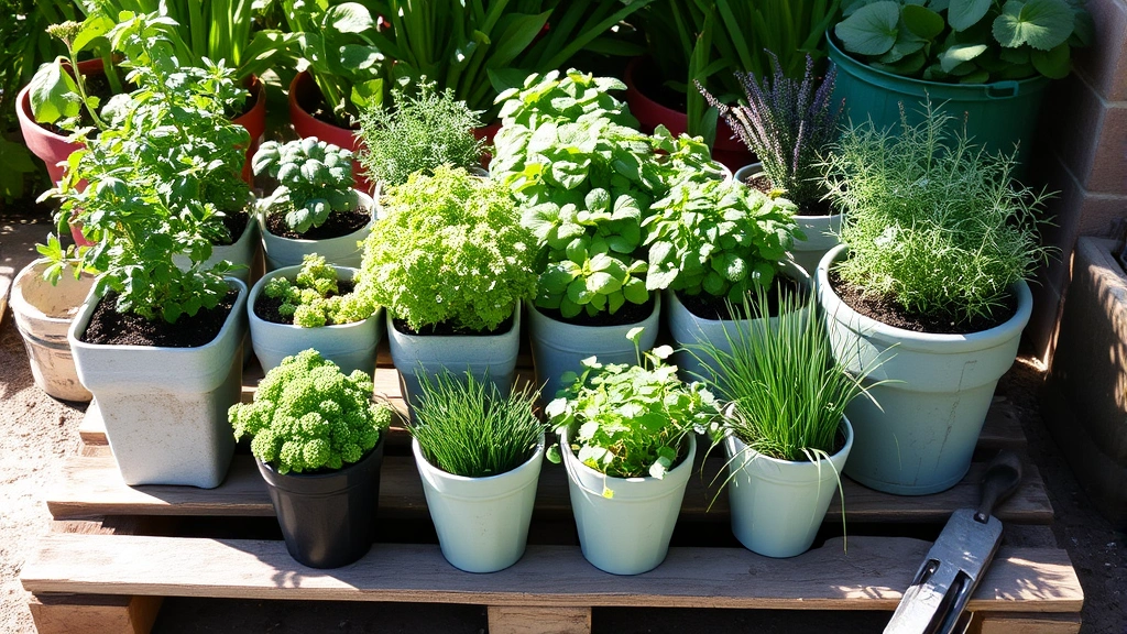 Organized herb garden display with multiple containers of different sizes containing oregano, parsley, chives, and sage arranged on a wooden pallet in dappled sunlight with garden tools nearby