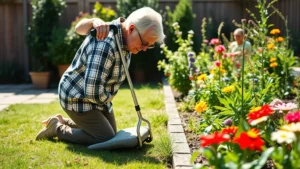 Elderly gardener kneeling on padded garden kneeler with handles while weeding flower beds in sunny backyard garden