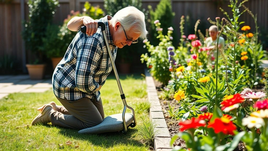 Elderly gardener kneeling on padded garden kneeler with handles while weeding flower beds in sunny backyard garden