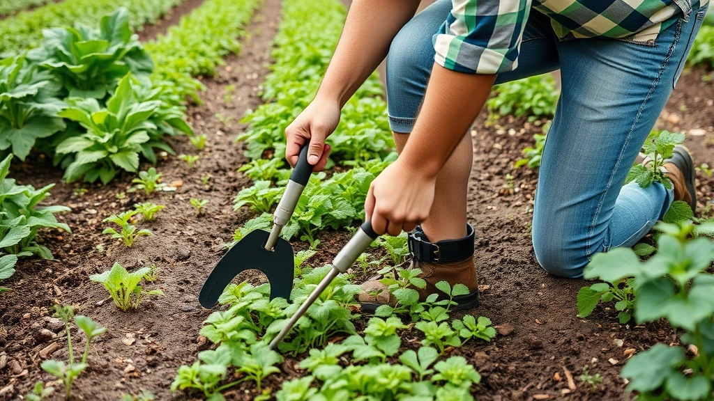 Gardener using kneeler while weeding vegetable garden rows with knee support and handles visible for stability