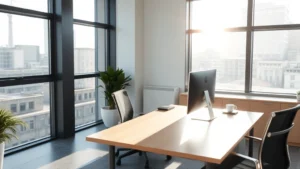 Professional business office environment with empty desk and chair, morning sunlight through windows, nobody present, clean workspace with computer monitor, neutral modern office aesthetics
