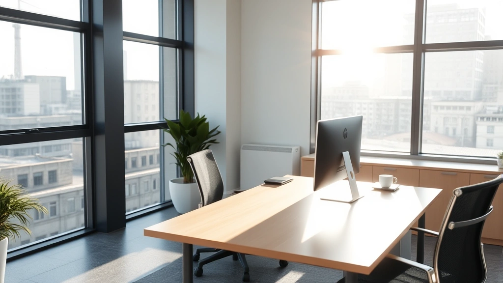 Professional business office environment with empty desk and chair, morning sunlight through windows, nobody present, clean workspace with computer monitor, neutral modern office aesthetics