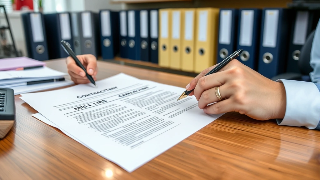 HR professional at desk reviewing employment documents and contracts, pen pointing at contract terms, organized office with filing system visible, professional business setting, focused work environment