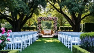 Elegant garden ceremony space with white chairs arranged in rows facing a flowering archway, mature trees providing natural canopy, soft natural lighting filtering through leaves, vibrant rose bushes and lavender blooms flanking the aisle, lush green grass and manicured hedges