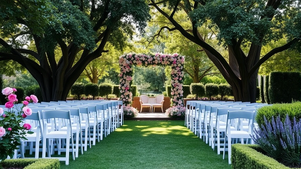 Elegant garden ceremony space with white chairs arranged in rows facing a flowering archway, mature trees providing natural canopy, soft natural lighting filtering through leaves, vibrant rose bushes and lavender blooms flanking the aisle, lush green grass and manicured hedges