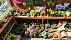 Overhead view of organized garden center displaying colorful potted plants, native wildflowers, and organic soil amendments arranged on wooden shelves under natural sunlight