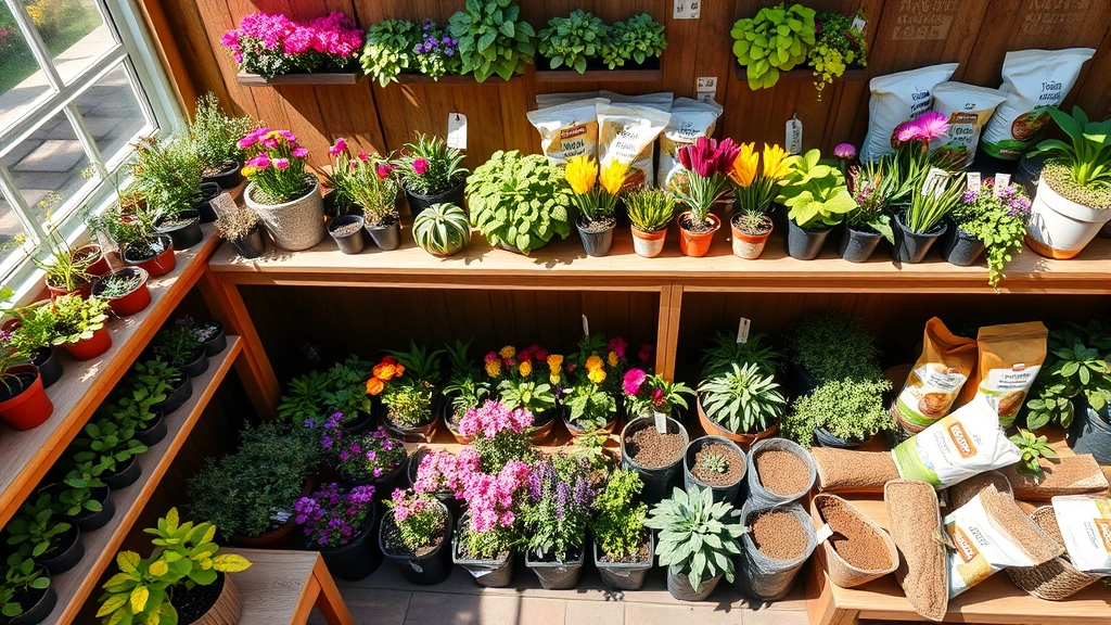 Overhead view of organized garden center displaying colorful potted plants, native wildflowers, and organic soil amendments arranged on wooden shelves under natural sunlight