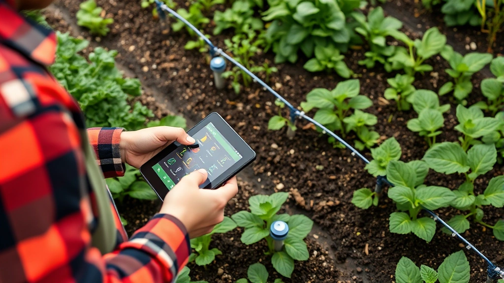 Gardener using tablet to monitor smart irrigation system in vegetable garden with drip lines and soil moisture sensors visible among growing plants
