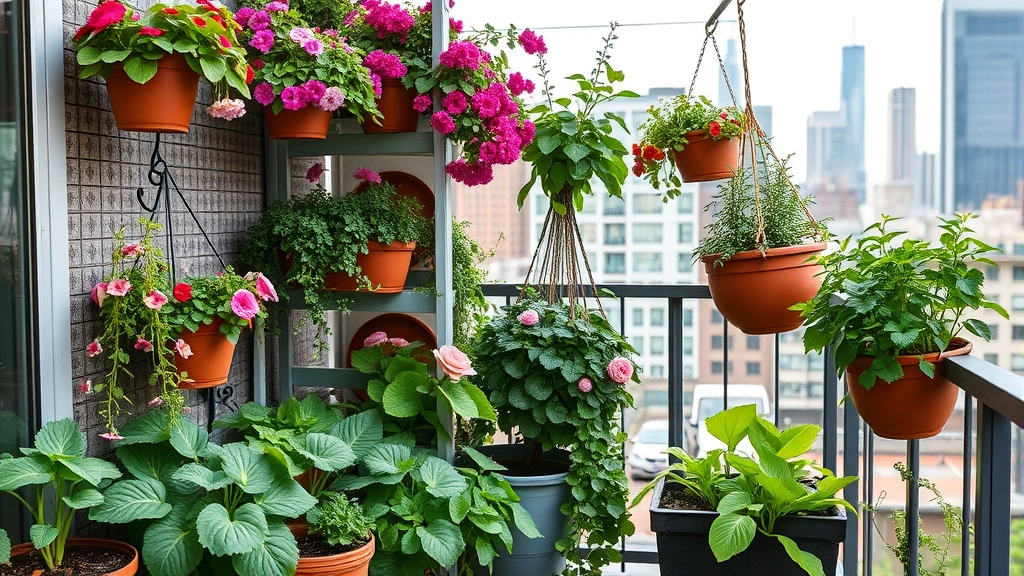 Urban balcony container garden with vertical planters, cascading flowers, hanging baskets, and compact vegetables thriving in limited space with city skyline background
