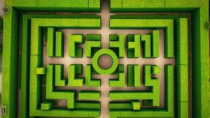 Aerial view of a formal boxwood hedge maze with geometric pathways and manicured green walls, showing the complete pattern from above