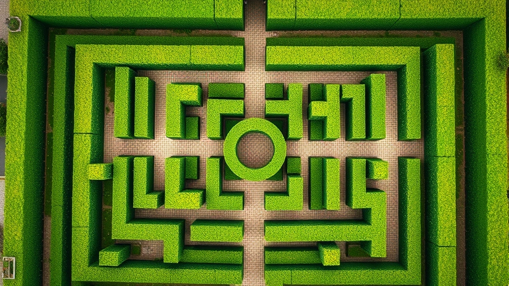 Aerial view of a formal boxwood hedge maze with geometric pathways and manicured green walls, showing the complete pattern from above