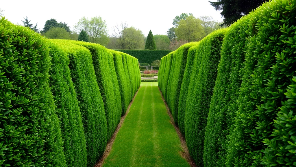 Walking through a mature garden maze with 5-foot-tall yew hedges on both sides, showing perspective down a pathway toward a central clearing
