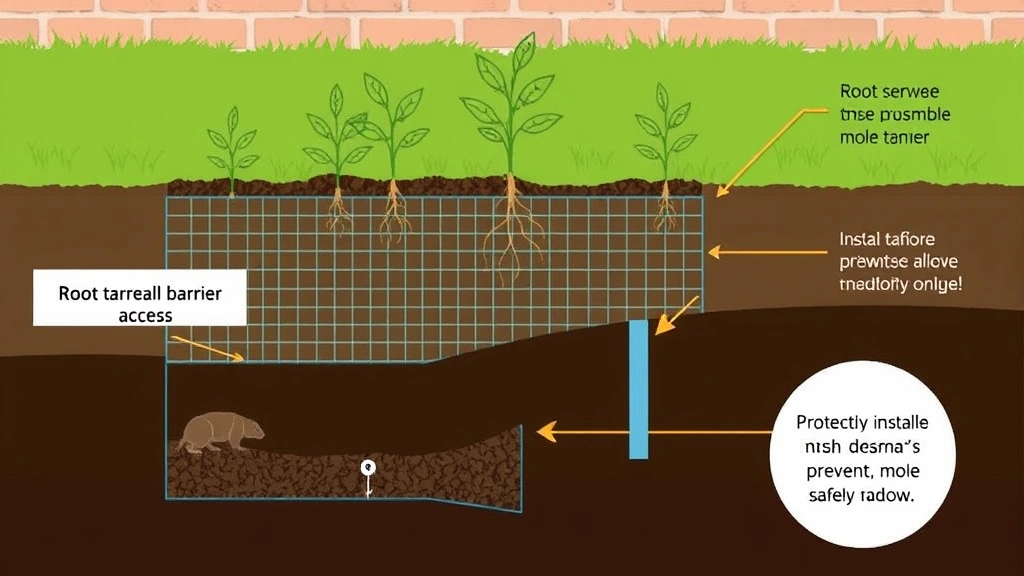 Cross-section illustration showing underground mole tunnel system beneath garden bed with physical barrier mesh preventing mole access, roots growing safely above, and protective installation details