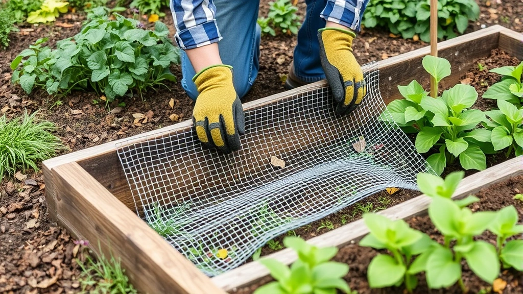 Gardener installing hardware cloth barrier at base of raised garden bed, hands wearing work gloves positioning mesh to protect vegetable plants, showing proper underground mole prevention technique