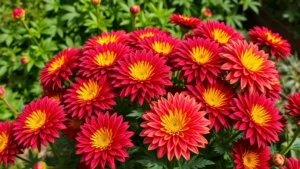 Vibrant burgundy and golden yellow chrysanthemum flowers in full bloom in autumn garden bed with green foliage background, natural daylight