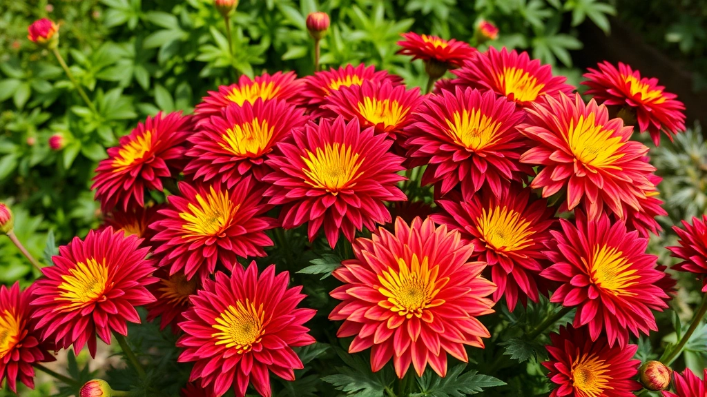 Vibrant burgundy and golden yellow chrysanthemum flowers in full bloom in autumn garden bed with green foliage background, natural daylight