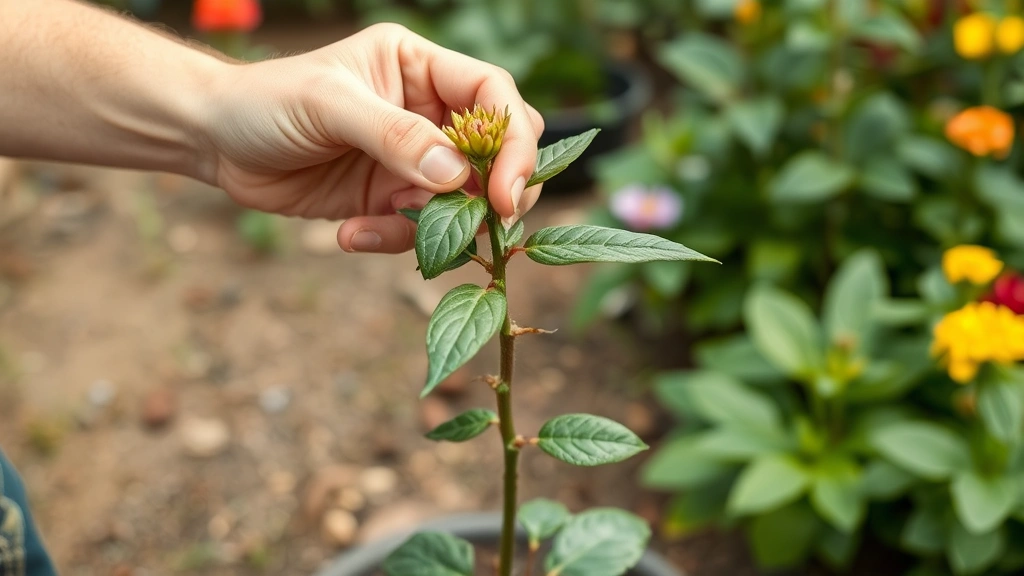 Gardener's hands pinching top growth from young mum plant showing proper technique, with multiple stems visible below pinch point, garden setting