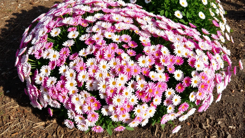 Mature, densely-blooming garden mum plant covered in pink and white flowers at peak bloom stage, photographed in afternoon sunlight with soil and mulch visible at base
