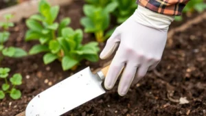 Close-up of gardener wearing protective nitrile gloves while holding a trowel, hands positioned over moist garden soil with green plants in background, showing proper glove fit and reinforced fingertip protection