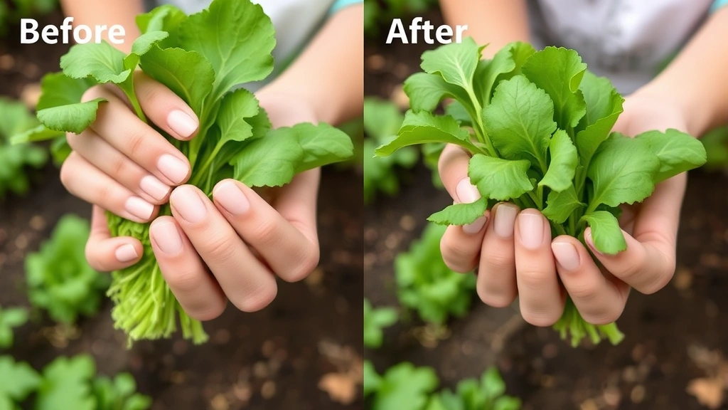 Before and after comparison of well-maintained garden nails with gel manicure in neutral tone, hands holding fresh vegetables in garden setting, demonstrating durability and appearance of proper nail care
